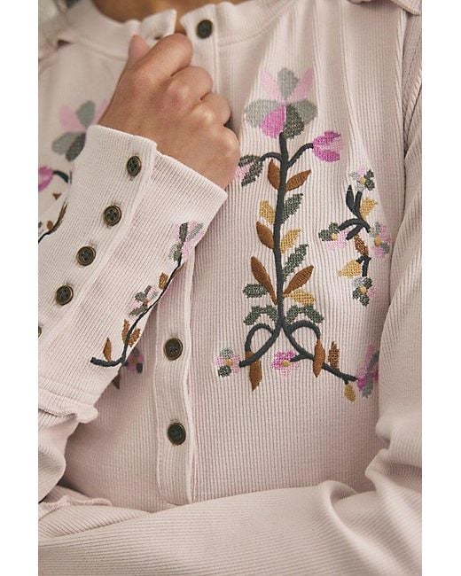 Free People Natural Fleur Embroidered Cuff Henley