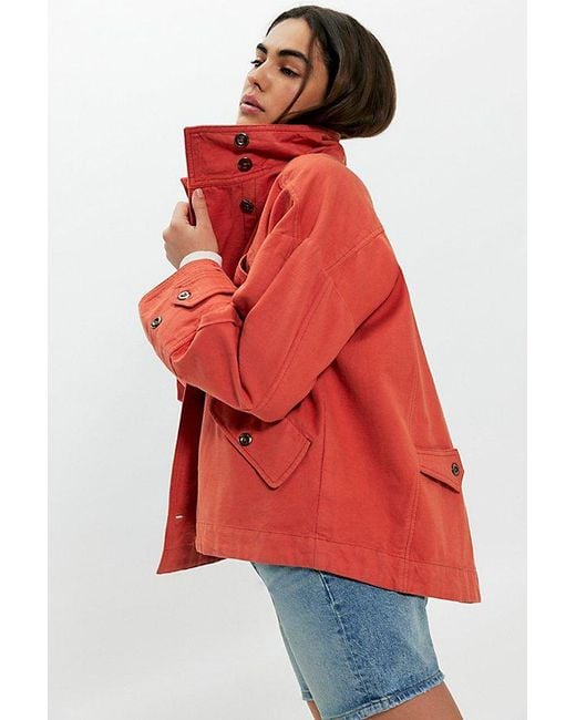 Free People Red Collins Washed Canvas Funnel-Neck Jacket