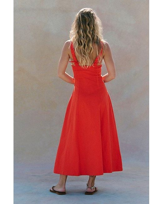 free-est Red Holland Stretch Linen Midi Dress By