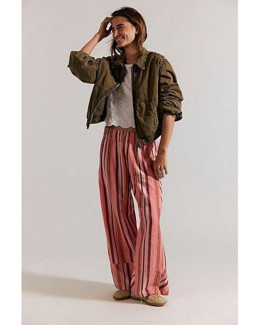 Free People Red Day's End Linen Striped Pull-On Pants