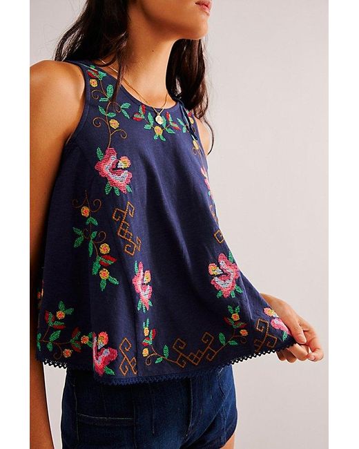 Free People Blue Fun And Flirty Embroidered Top