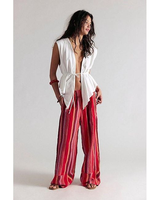 Free People Red Day's End Linen Striped Pull-On Pants