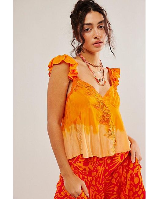 Free People Orange Harmony Lace Tank Top At In Sunrise, Size: Xs