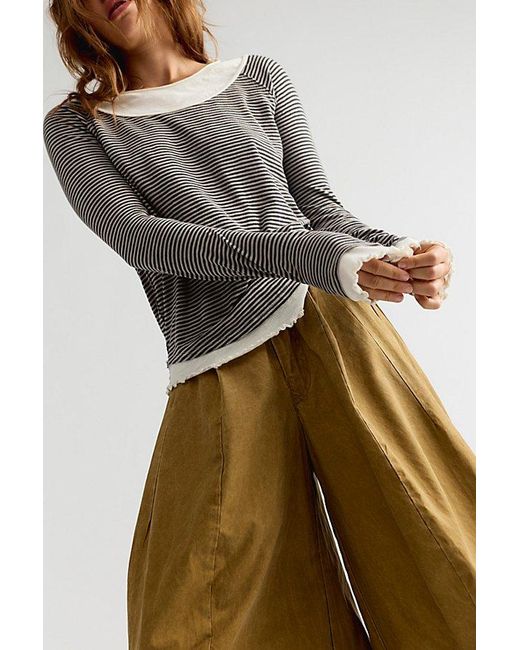 Free People Gray Two's A Charm Stripe Long Sleeve Top
