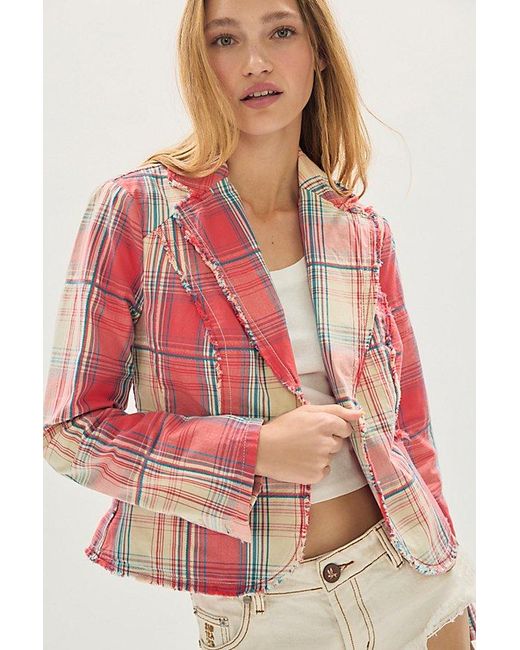Free People Multicolor Whip Smart Distressed Plaid Blazer Jacket By