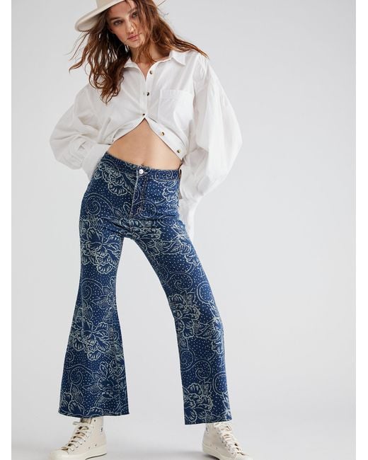 Free People Denim Youthquake Printed Crop Flare Jeans in Blue - Lyst