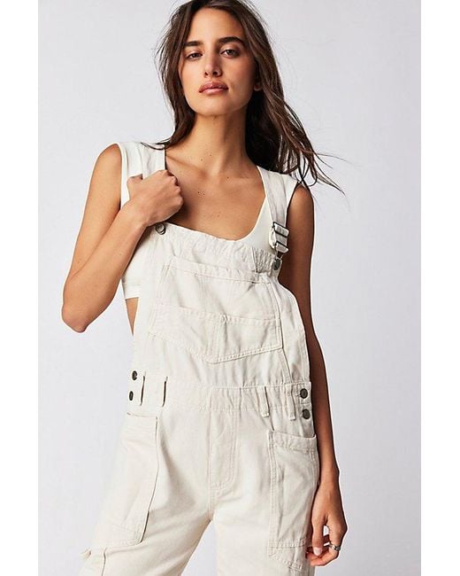 Free People Green Rayna Carpenter Overalls At In Ecru Combo, Size: Medium