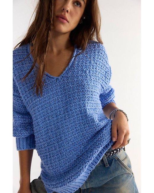 Free People Blue Opal Textured V-Neck Pullover
