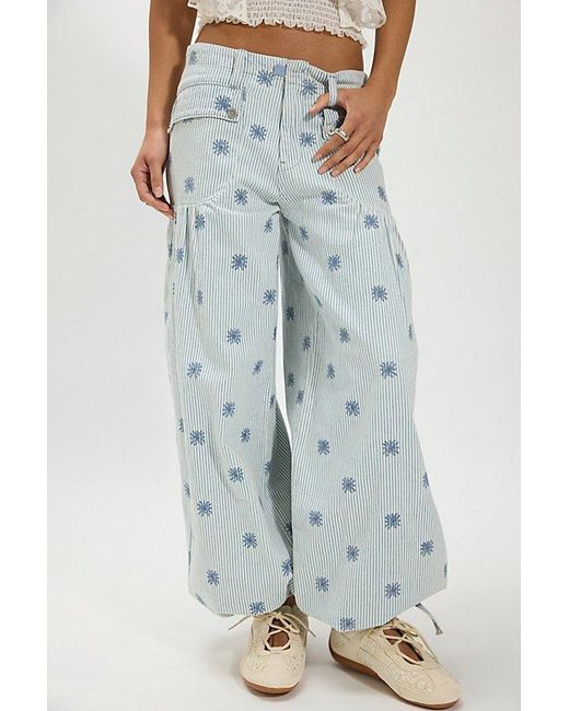 Free People Blue Lotus Embroidered Railroad Balloon Jeans