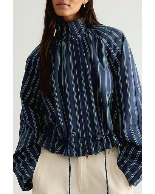 Free People Blue Devon Striped Balloon Funnel-Neck Jacket