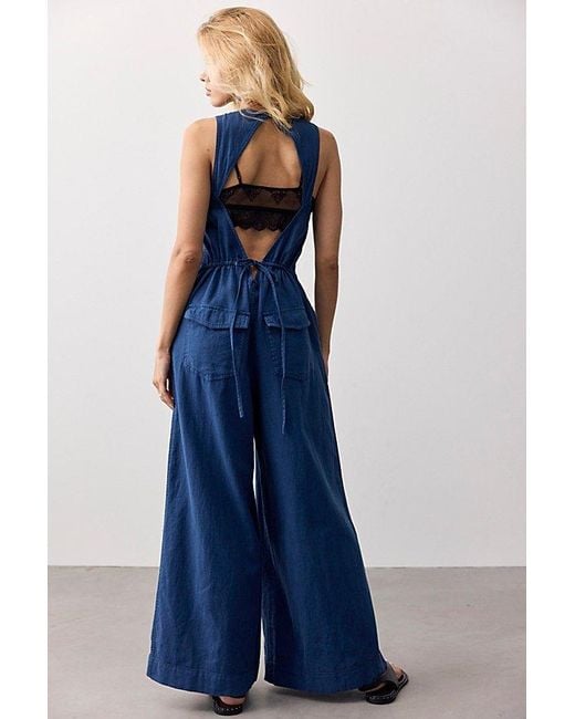 Free People Blue Do No Wrong Linen Jumpsuit