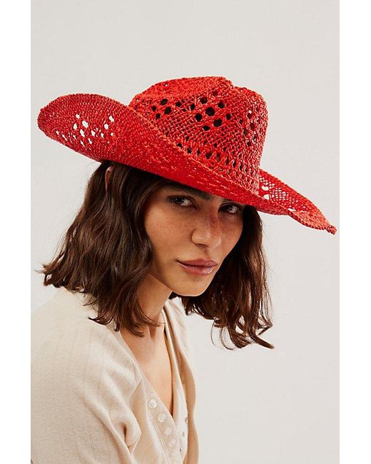 Free People Red Byron Bay Woven Cowboy Hat