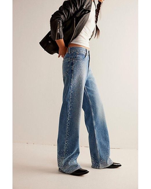 Free People Blue We The Free Tinsley Studded Baggy Jeans