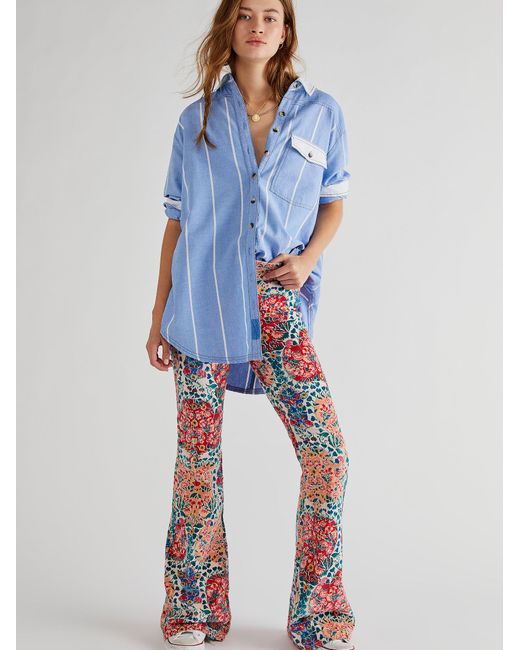 Free People Pull On Corduroy Printed Flares in Sand Combo (Blue) | Lyst ...