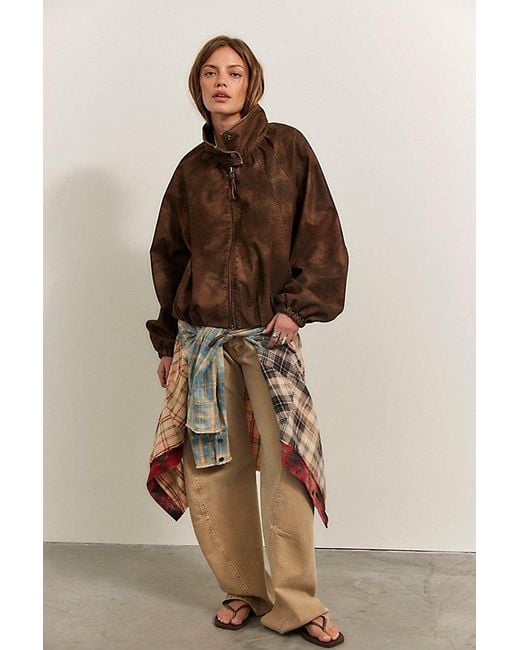 Free People Brown Chelsea Vegan Suede Funnel-Neck Jacket