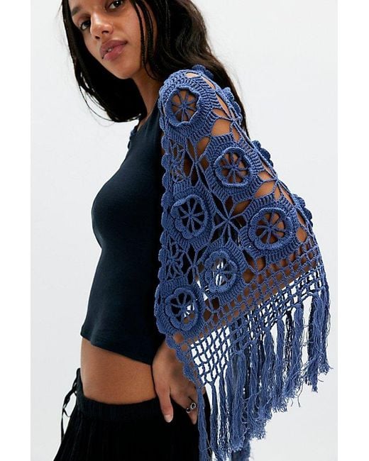 Anna Sui Blue Linen Crochet Shawl