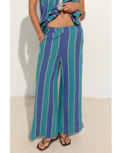 free-est Blue Sightseer Linen Striped Pant Set By