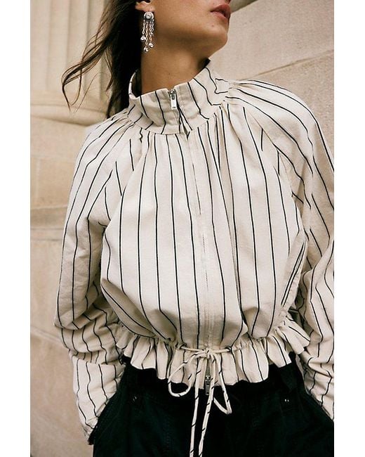 Free People Natural Devon Striped Balloon Funnel-Neck Jacket