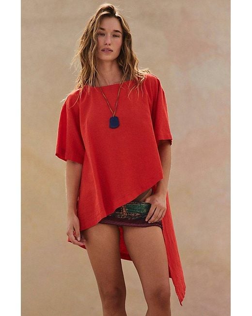 free-est Red Alina Cotton-Linen Short-Sleeve Top By