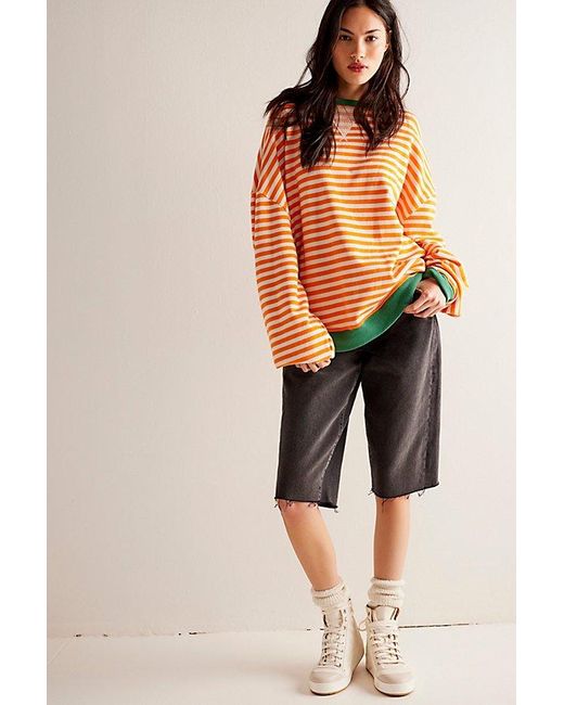 Free People Orange Classic Striped Oversized Crewneck