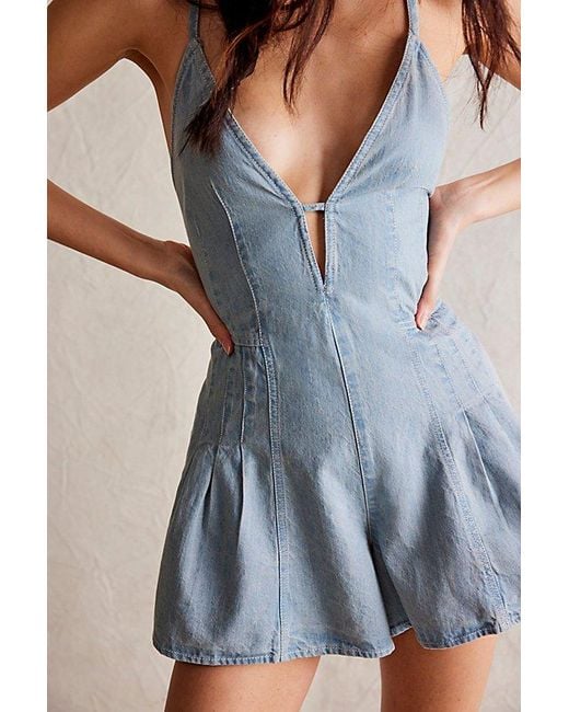 Free People Blue Nostalgia Ultra-shortalls