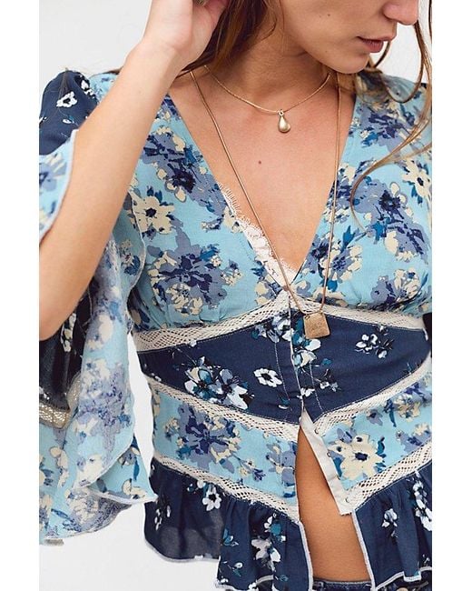 Free People Blue Stella Mixed Print Top