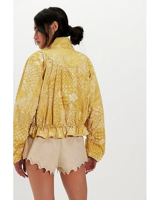 Free People Yellow Devon Printed Balloon Funnel-Neck Jacket