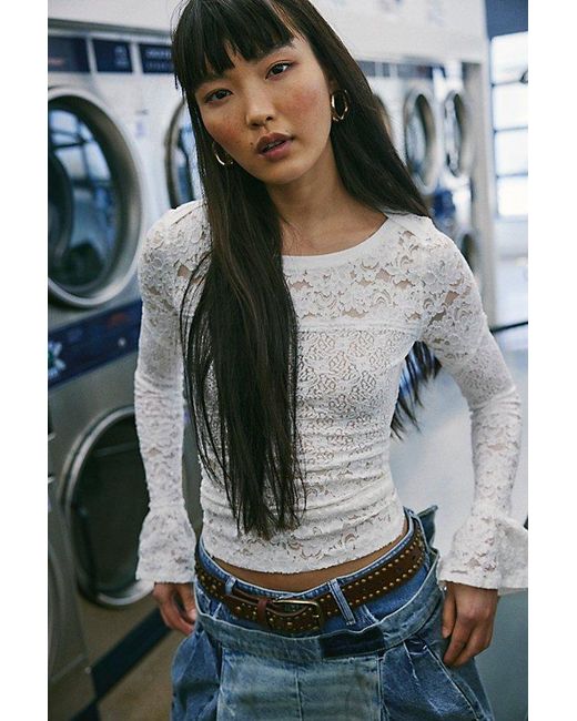 Free People White Sheer Lace Flared Long Sleeve Top