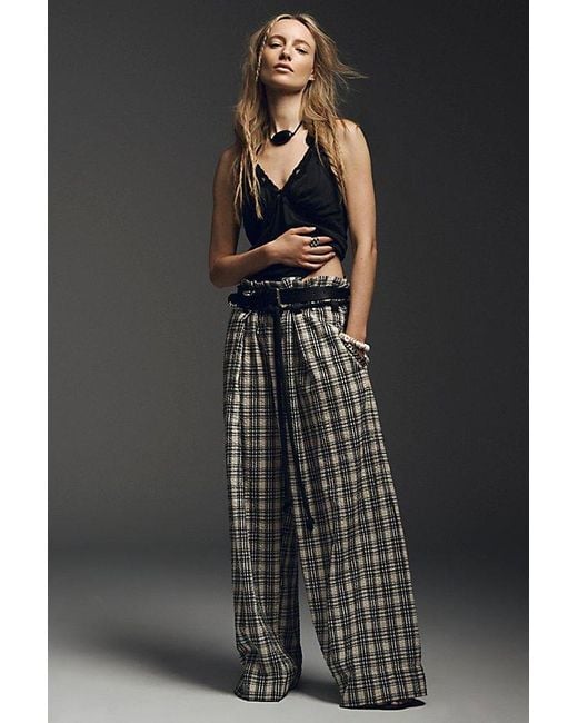 Free People Black Dimes Tie Plaid Trousers