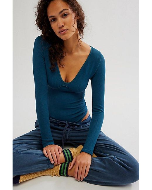 Free People Blue Meg Seamless V-neck Long-sleeve Bodysuit