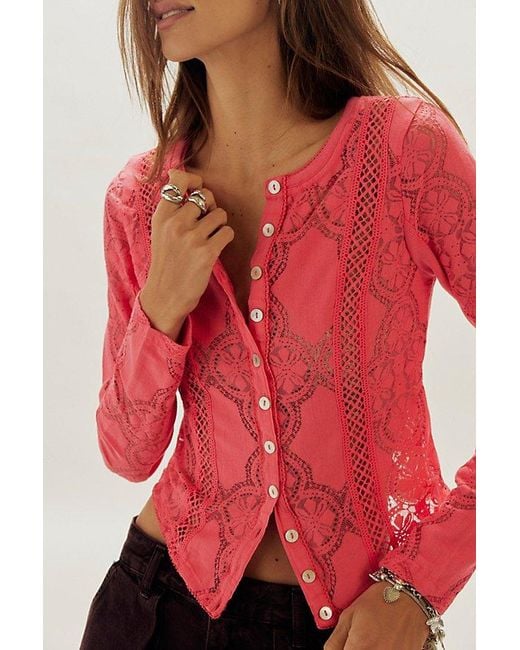 Free People Red Jae Sheer Lace Knit Long Sleeve Top