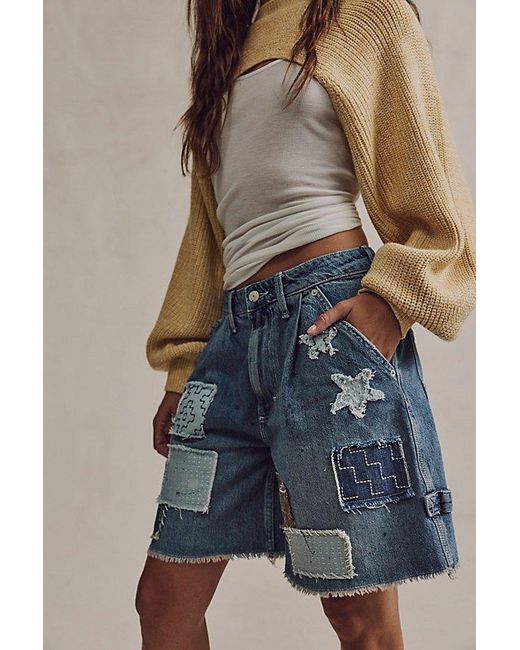 Free People Blue Reese Patched Workwear Shorts By