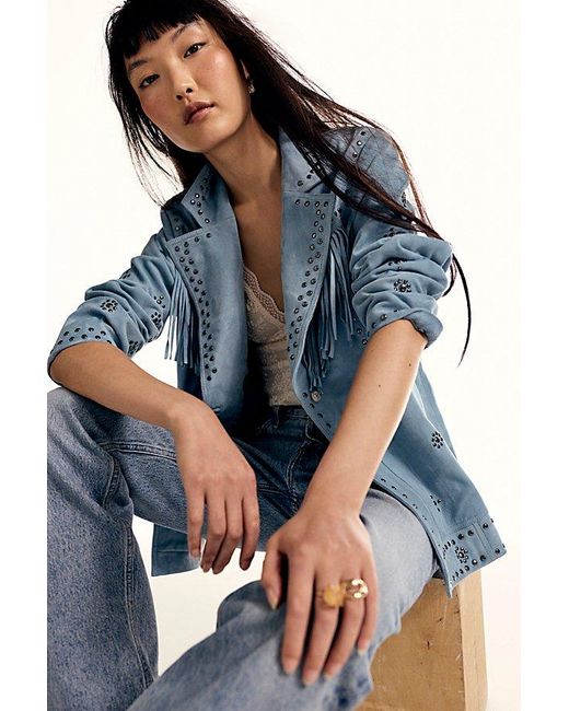 Free People Blue Suede Studded Blazer Jacket