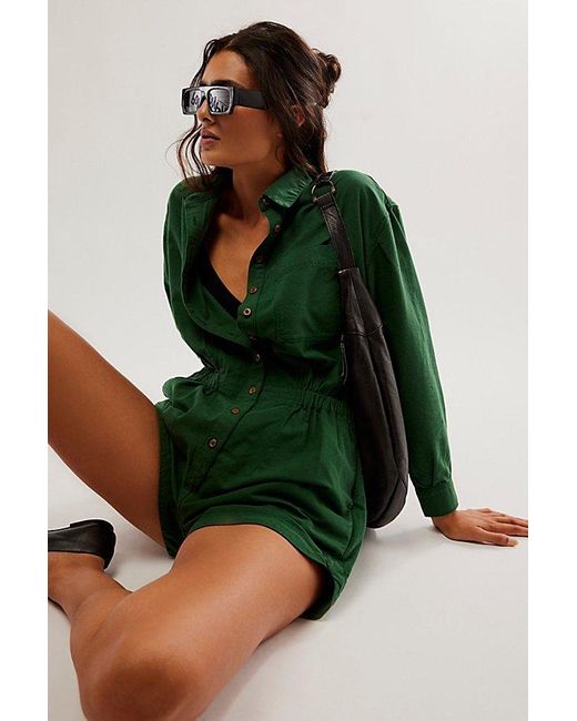 Free People Green Oxford Romper At In Topiary, Size: Xs