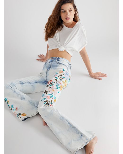 Free People Denim Driftwood Farrah Embroidered Flare Jeans - Lyst