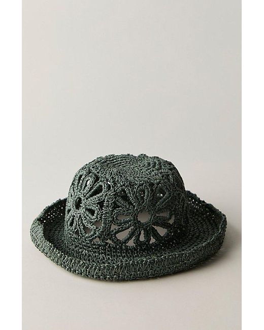 Free People Blue Cut-Out Daisy Crochet Straw Bucket Hat