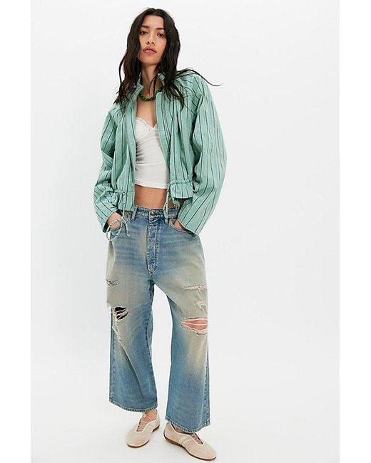 Free People Green Devon Striped Balloon Funnel-Neck Jacket