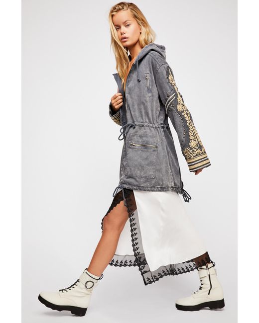 Free People Gray Golden Quills Military Parka