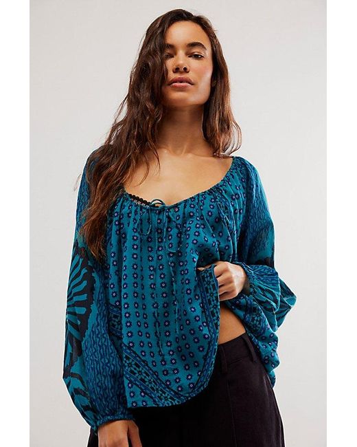 Free People Blue Elena Printed Top At In Lagoon Combo, Size: Xs