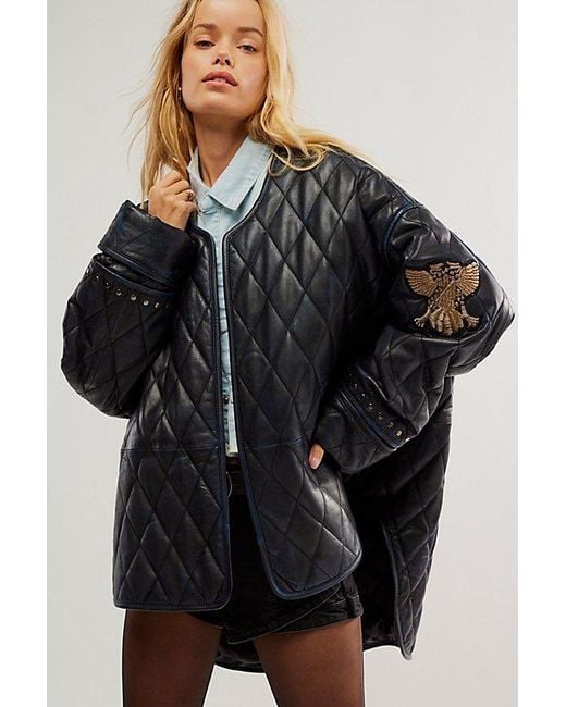 One Teaspoon Eagle Eye Quilted Leather Jacket At Free People In Blue Black, Size: Small