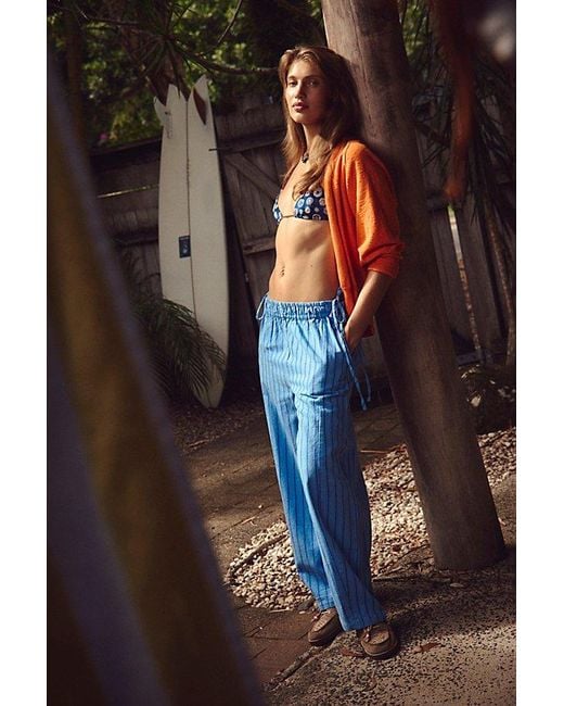 free-est Blue Sun Dazed Cotton-Linen Striped Pants By