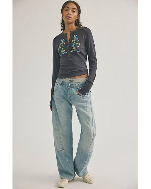 Free People Blue Fleur Embroidered Cuff Henley