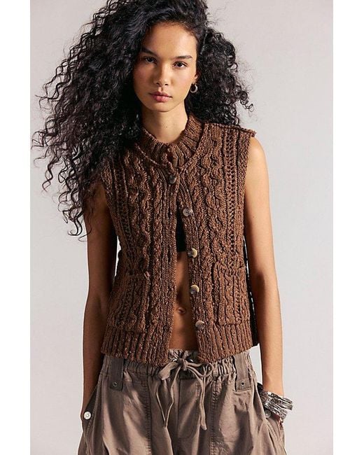 Free People Brown Mable Cable Knit Sweater Vest Jacket