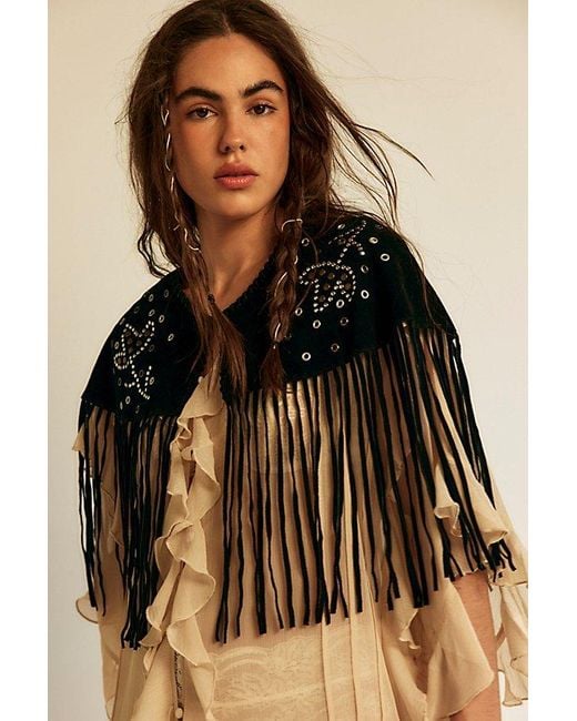 Free People Brown Lights Out Embellished Suede Cape