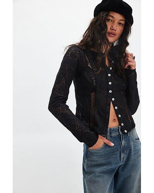 Free People Black Jae Sheer Lace Knit Long Sleeve Top