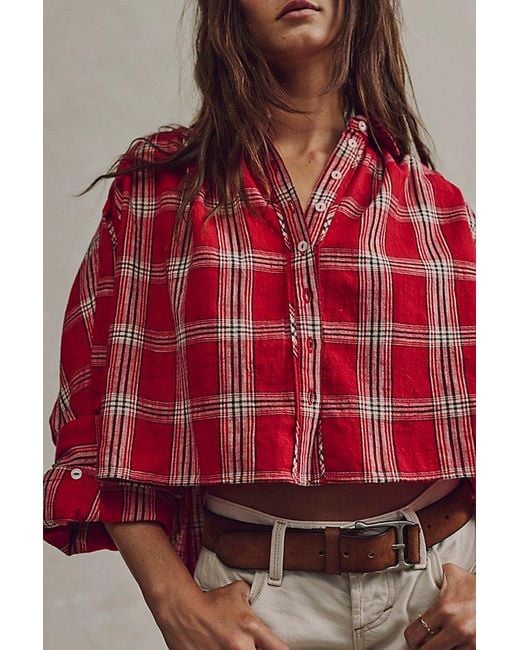 Free People Red Mira Plaid Top