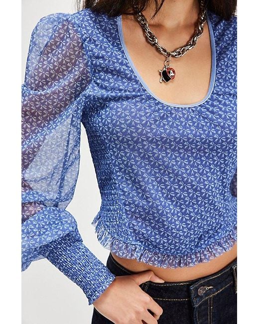 Free People Blue Dottie Printed Long Sleeve Knit Top