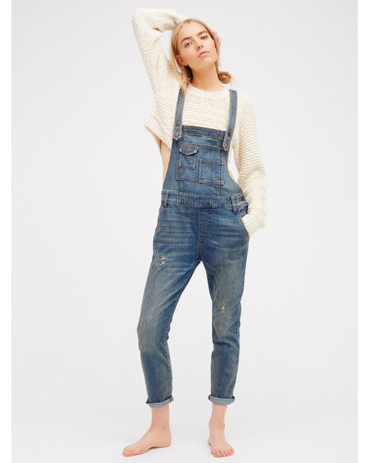 Free People Blue Washed Denim Overall