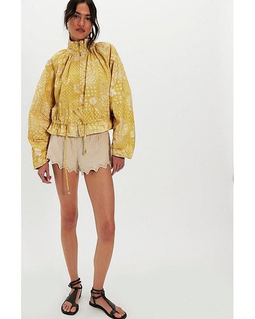 Free People Yellow Devon Printed Balloon Funnel-Neck Jacket