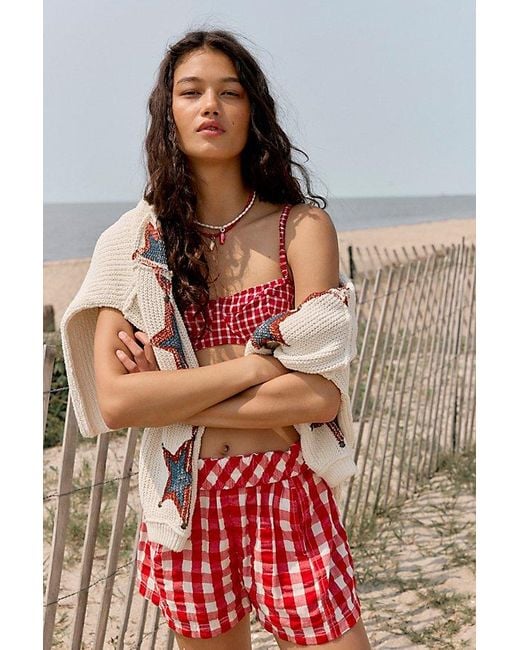 Free People Red Get Free Seersucker Pull-On Shorts